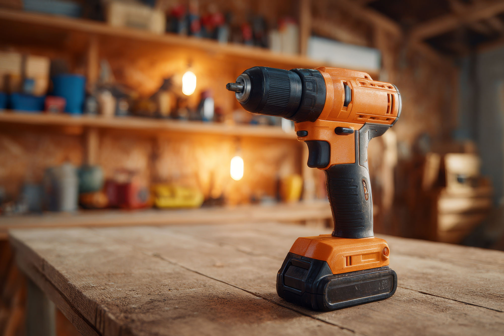 Cordless drill on workbench