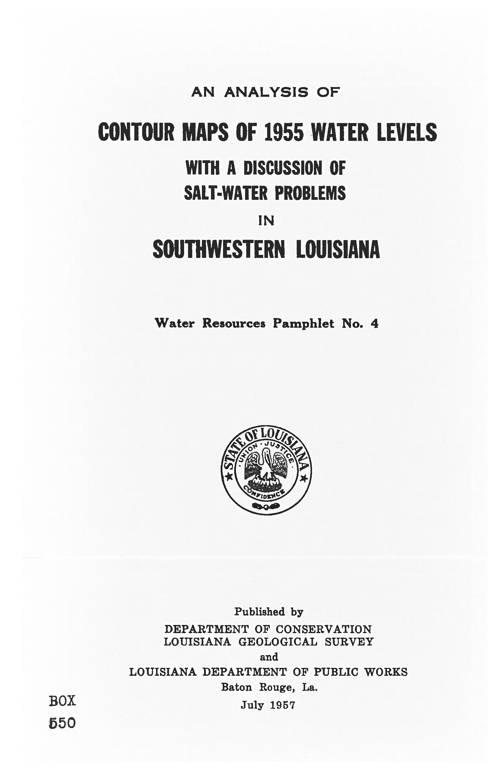 An Analysis of Contour Maps of 1955 Water Levels, with a Discussion of Salt-Water Problems in Southwestern Louisiana.