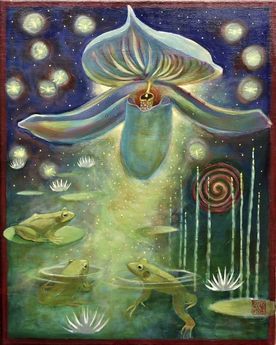 Secrets of a June Night frog in a pond with lily pads