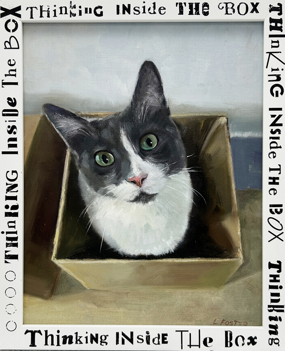 Thinking Inside the Box black and white cat in a box